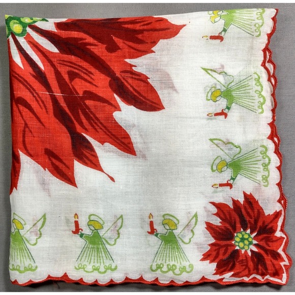 Accessories - Vintage Christmas Handkerchief Giant Poinsettia Angel Hankie 15x15